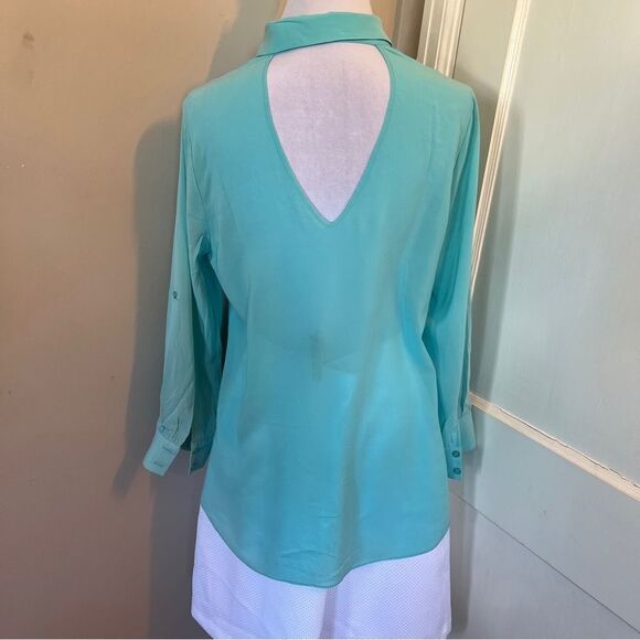 Drew 100% Silk Vintage Style Collared Cold Shoulder Blouse Light Blue Womens Med - Picture 4 of 9